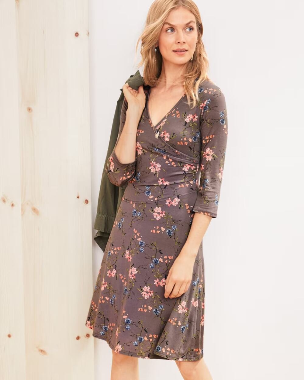 Garnet Hill Brianna Surplice Knit Dress large brown floral pink wrap